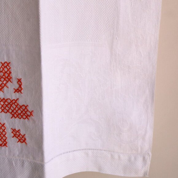 Vintage White Linen Damask Towels With Orange Cross Stitch, Set Of Hand Towel - Picture 12 of 13